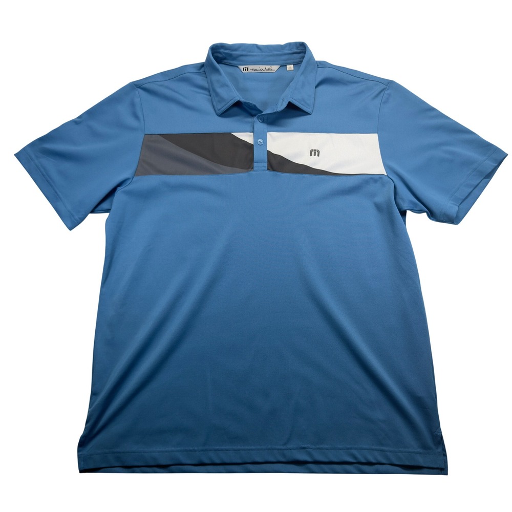 TravisMathew Polo Shirt Mens XL Blue Colorblock Golf Performance Short Sleeve
